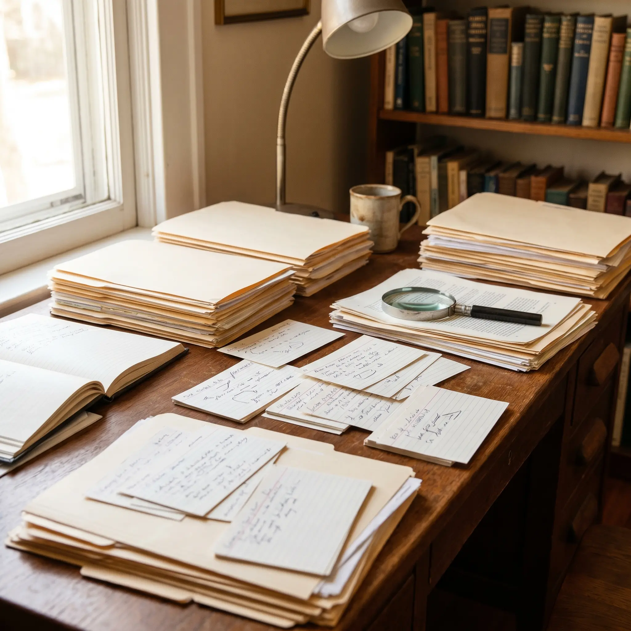 A quiet editorial desk with index cards and source folders